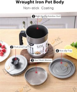 Stainless steel oil filter pot with mesh strainer lid and dust proof cover for used cooking oil storage in kitchen