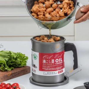 Stainless steel oil filter pot with mesh strainer lid and dust proof cover for used cooking oil storage in kitchen