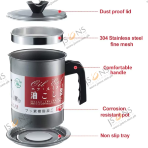 Stainless steel oil filter pot with mesh strainer lid and dust proof cover for used cooking oil storage in kitchen
