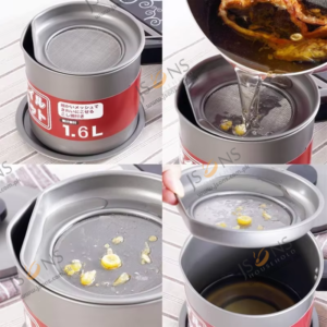 Stainless steel oil filter pot with mesh strainer lid and dust proof cover for used cooking oil storage in kitchen