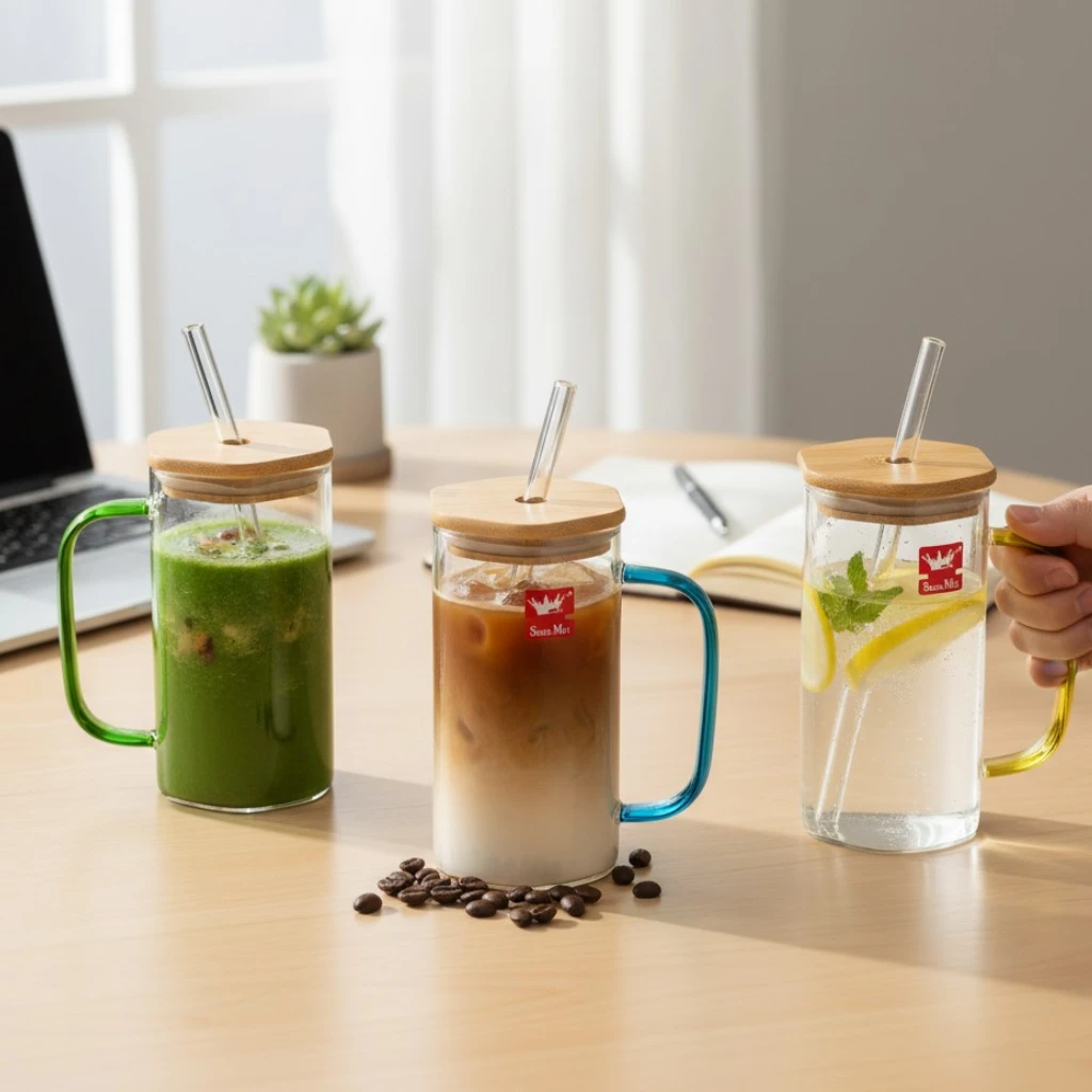 glass-mug-bamboo-lid-straw-350ml-pakistan.jpg 350ml octagonal clear glass mug with bamboo lid and glass straw, available in transparent white, champagne brown, and smoke black, suitable for iced coffee, juice, and cold drinks in Pakistan