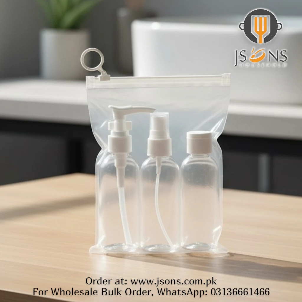 cosmetic-bottle-set-3-piece-refillable-shampoo-lotion-spray-pakistan.jpg 3 piece clear refillable cosmetic bottle set with pump, spray and flip cap bottles inside transparent zipper pouch on wooden surface