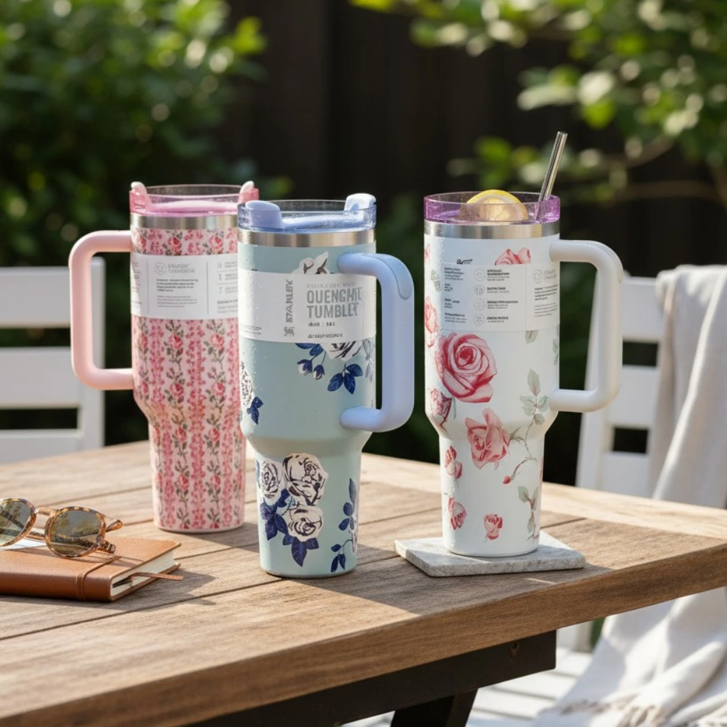 Flower Print Stainless Steel Tumbler with Handle & Straw — 40oz Insulated Water Bottle for Girls & Women