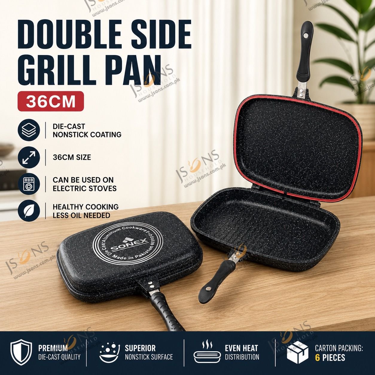 sonex-double-grill-pan-36cm-marble-coating-pakistan.jpg Sonex 36cm die cast double grill pan with marble coating open on induction stove grilling a steak, shown with box and tongs