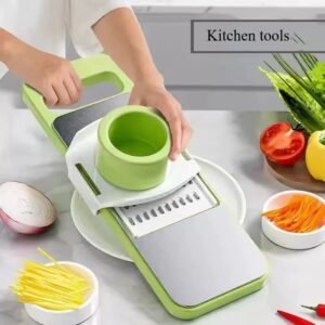 Multifunctional mandoline vegetable slicer set with five interchangeable blades and hand guard for slicing julienne and grating vegetables