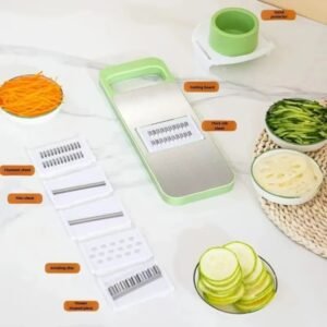 Multifunctional mandoline vegetable slicer set with five interchangeable blades and hand guard for slicing julienne and grating vegetables