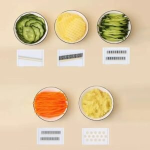 Multifunctional mandoline vegetable slicer set with five interchangeable blades and hand guard for slicing julienne and grating vegetables