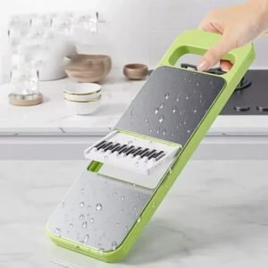 Multifunctional mandoline vegetable slicer set with five interchangeable blades and hand guard for slicing julienne and grating vegetables