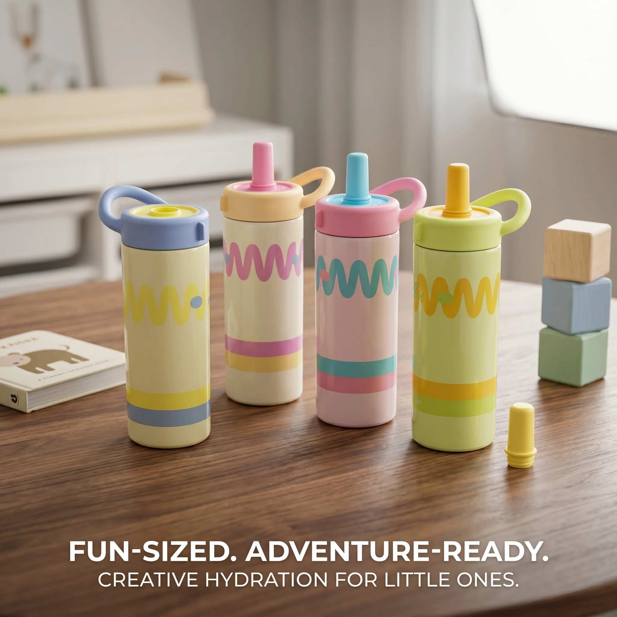 happy-stay-happy-600ml-kids-water-bottle-straw-pakistan.jpg Three Happy brand 600ml kids insulated water bottles with straw lids in pink, green, and cream colors with Stay Happy wave design displayed on a wooden table