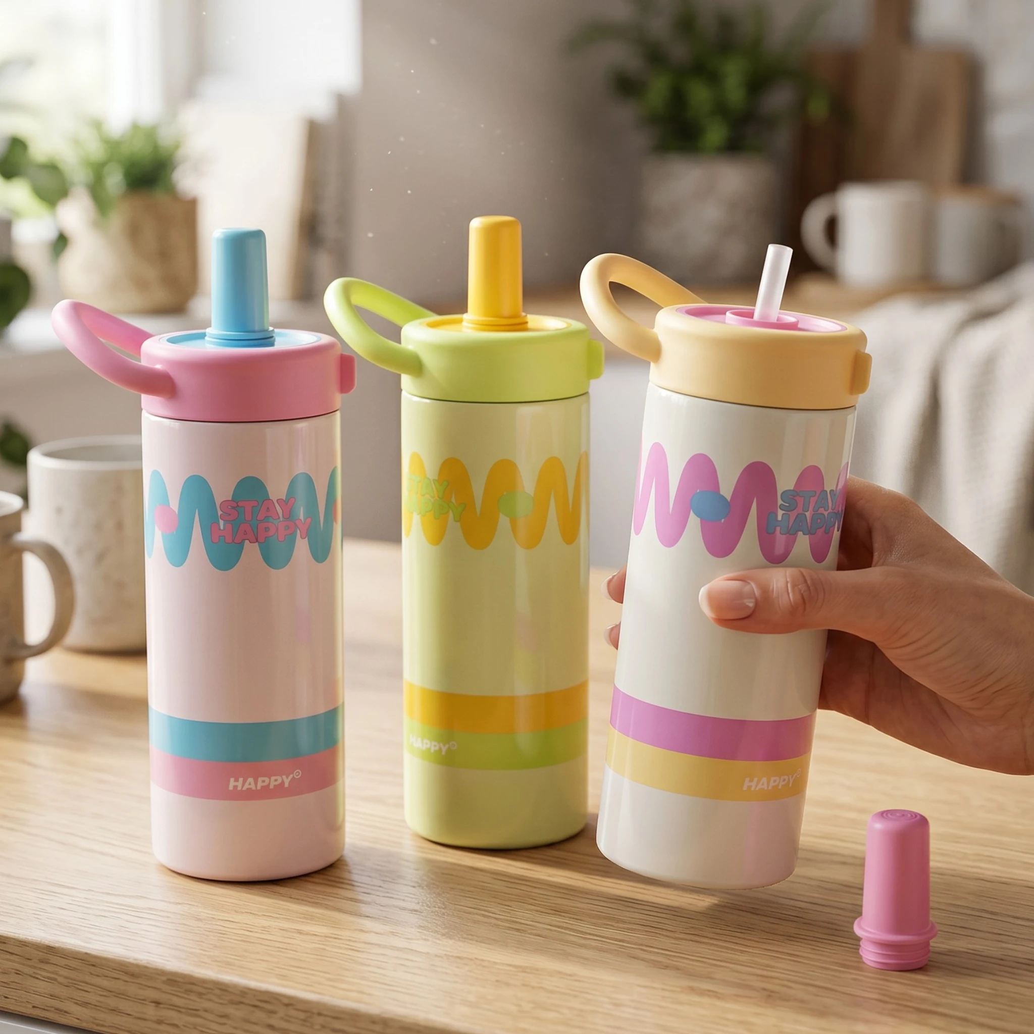 Happy “Stay Happy” 600ml Kids Insulated Water Bottle with Straw & Carry Handle – Leak Proof, 3 Colors