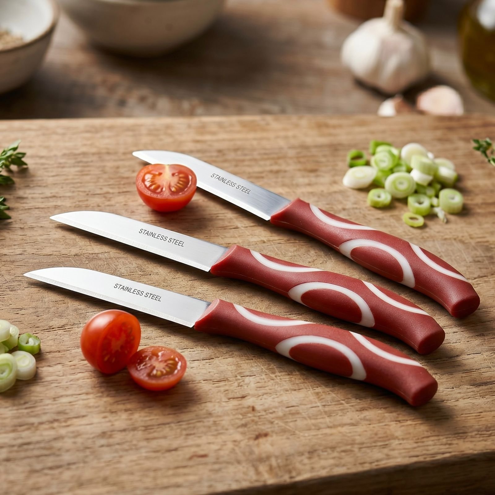 3-piece-stainless-steel-utility-knife-set-pakistan.jpg Three 6.5 inch stainless steel utility knives laid flat showing full length and blade shape, kitchen knife set Pakistan
