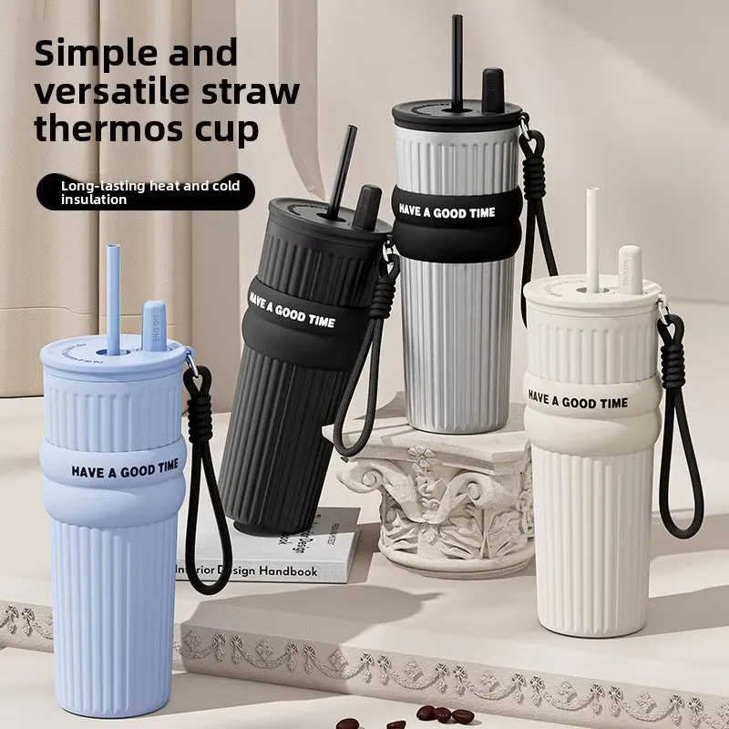 710ml Insulated Thermos Tumbler with Straw & Carry Rope – Stainless Steel, Fits Car Cup Holder | 4 Colors