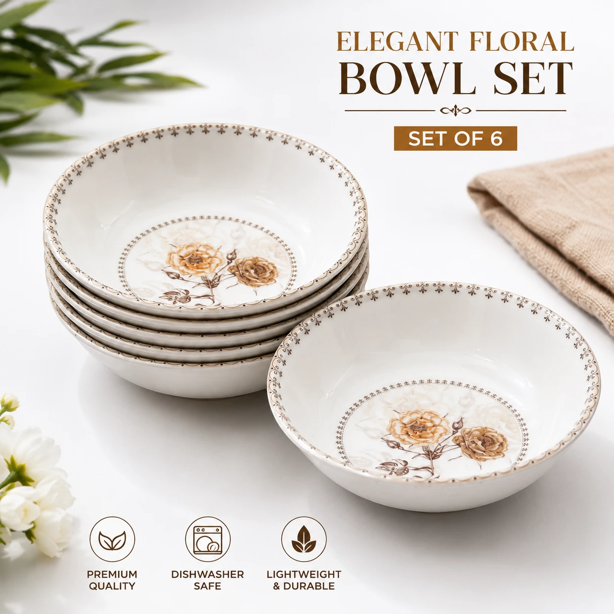 melamine-floral-bowl-set-6-pakistan.jpg Set of 6 premium melamine floral bowls with elegant flower design, 6-inch size, dishwasher safe for everyday dining.