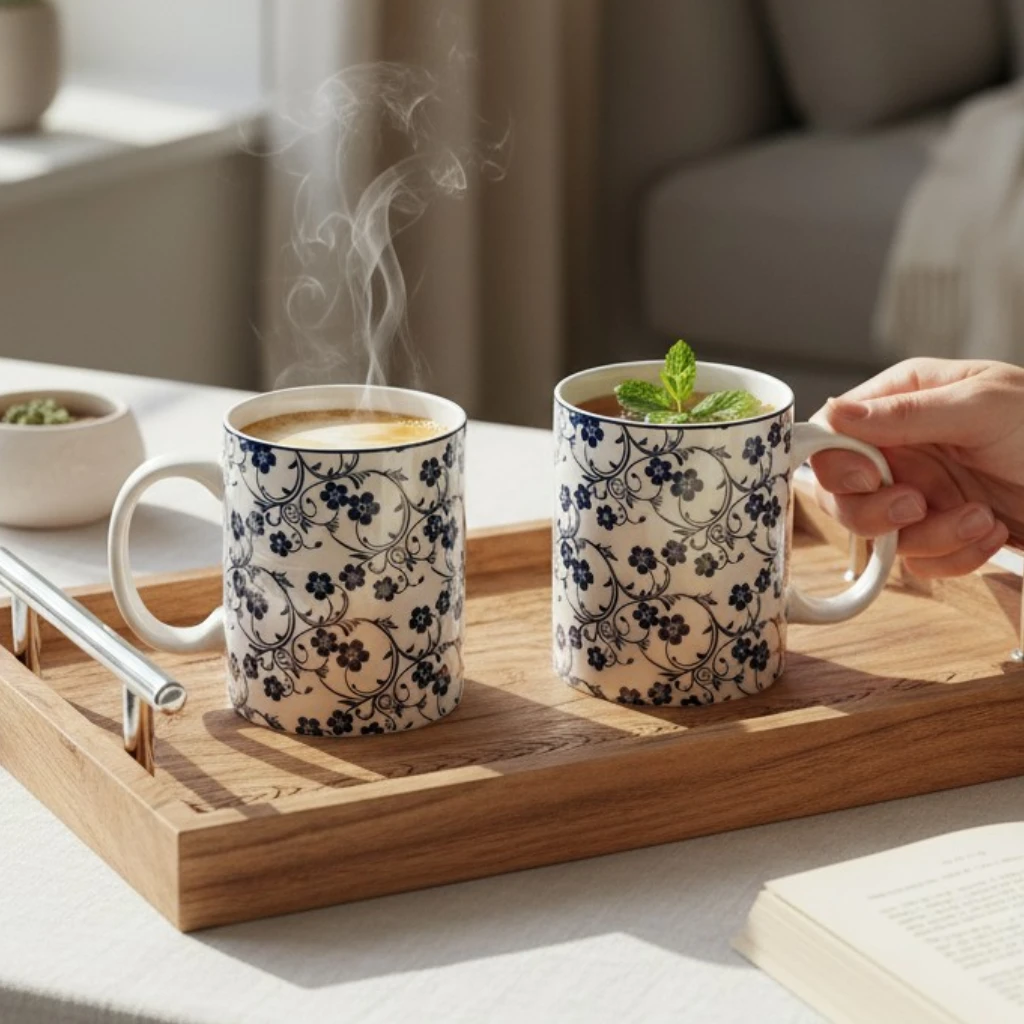 danny-home-premium-ceramic-mug-navy-floral-pakistan.jpg Danny Home premium navy blue floral print ceramic mug with white handle filled with coffee on wooden tray