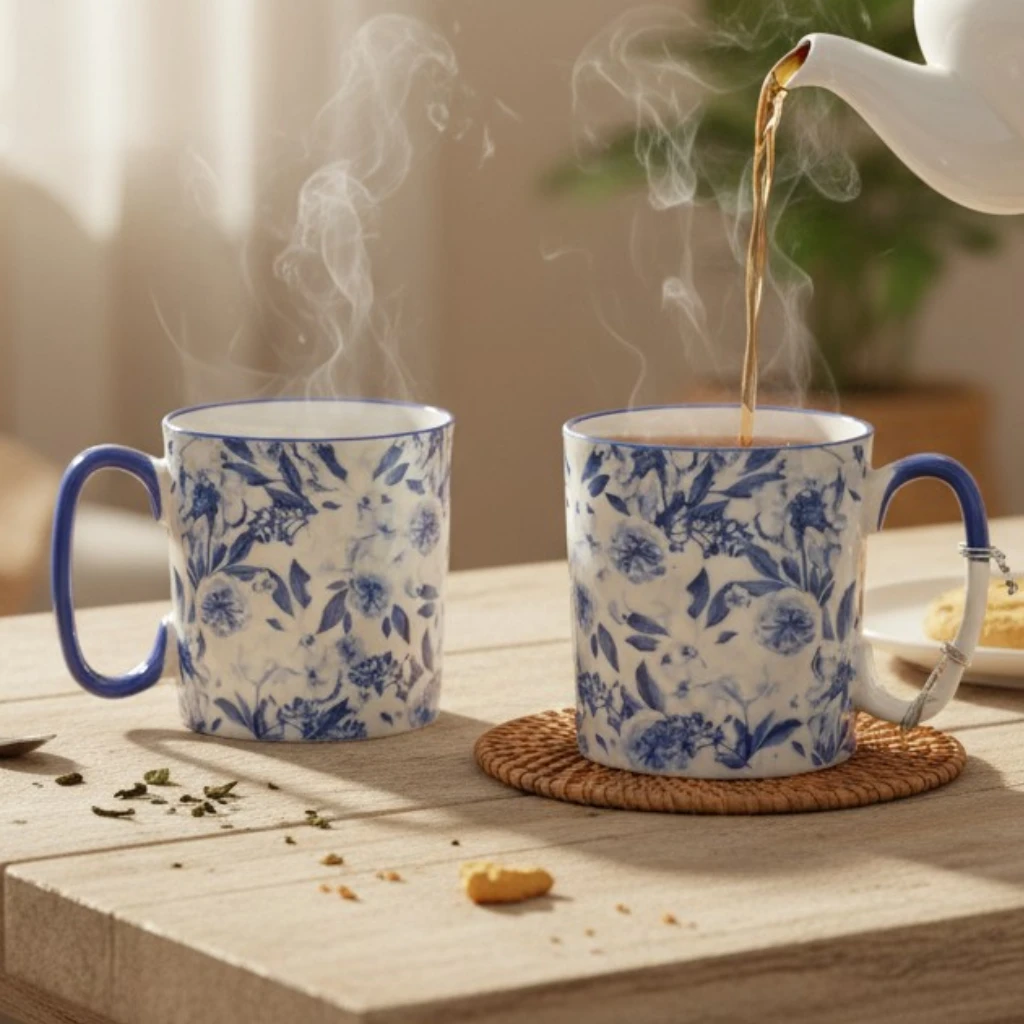 danny-home-premium-ceramic-mug-blue-floral-pakistan.jpg Danny Home premium blue floral ceramic mug with cobalt handle and rim filled with hot tea on wooden table