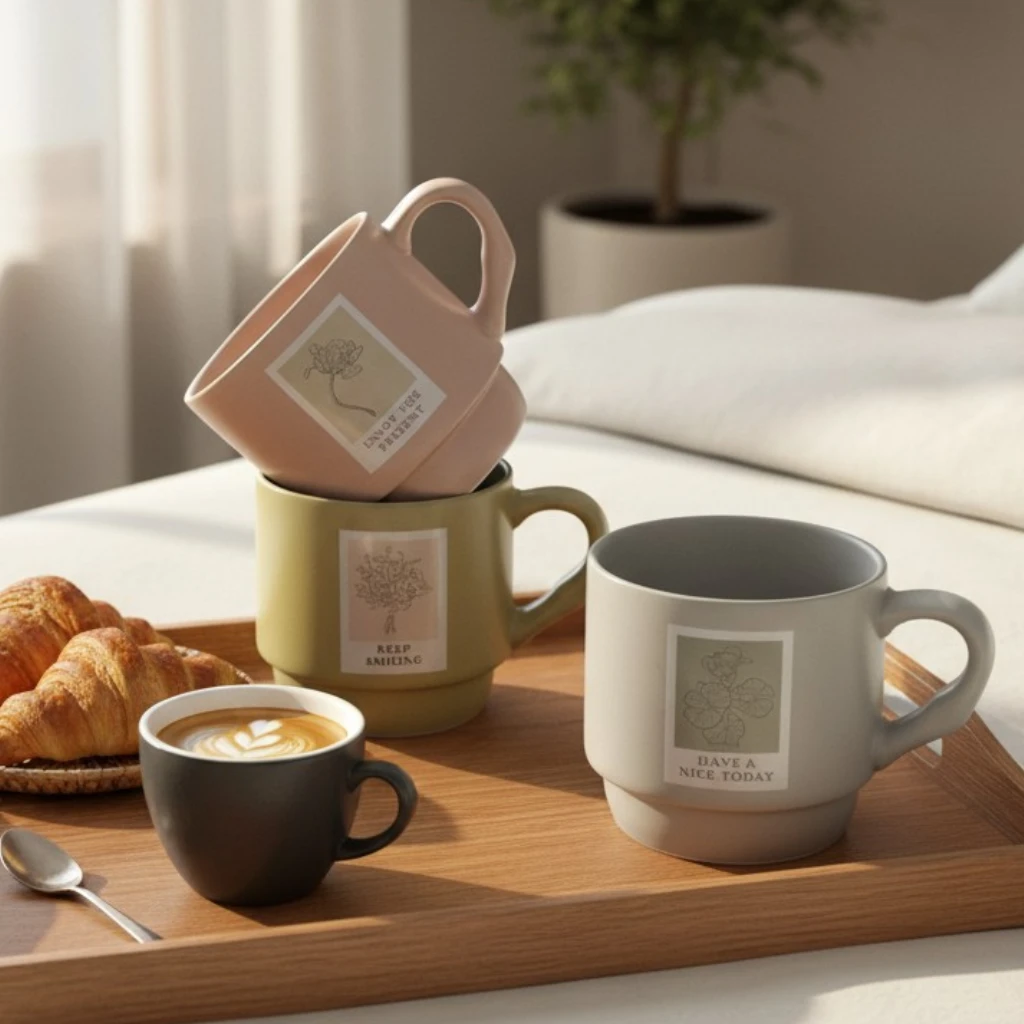 aesthetic-ceramic-coffee-mug-printed-quote-pakistan.jpg Matte pastel ceramic coffee mug with printed quote card design placed on wooden tray with croissants