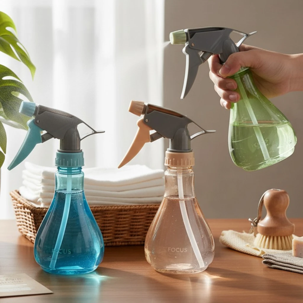 focus-spray-bottle-plants-cleaning-pakistan.jpg Focus brand trigger spray bottle with flask shaped body used for spraying plants and cleaning surfaces