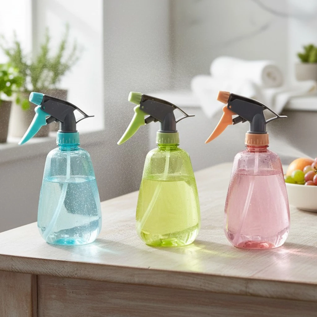 plastic-spray-bottle-plants-water-pakistan.jpg Colorful plastic spray bottle with black trigger handle used for watering plants and household spraying