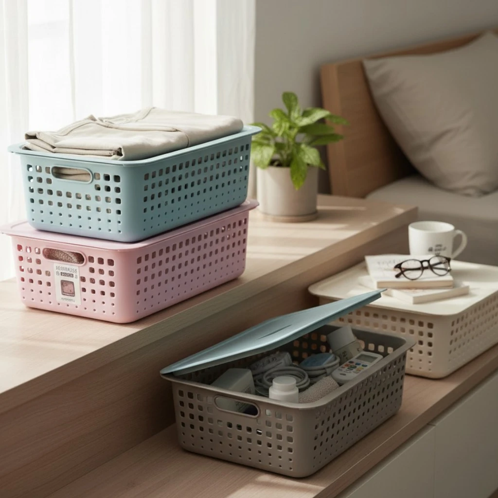 plastic-storage-basket-with-lid-organizer-pakistan.jpg Pastel plastic storage basket with perforated design and hinged lid used for home organization on bedside table