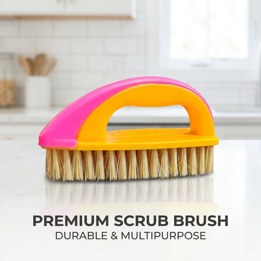 scrub-brush-with-handle-cleaning-pakistan.jpg Pink and yellow scrub brush with a loop handle and thick natural bristles placed on a white kitchen counter