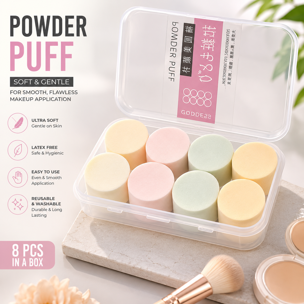8-pcs-makeup-powder-puff-sponge-set-pakistan.jpg 8-piece soft makeup powder puff sponge set in a transparent storage box with pastel color cosmetic sponges.