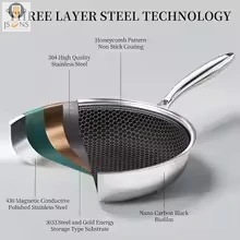 Honeycomb stainless steel frying pan with laser etched cooking surface and stainless steel handle.