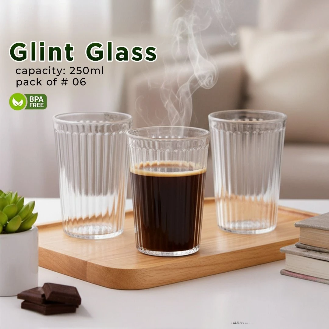 unbreakable-glass-set-6pcs-chai-pakistan.jpg Unbreakable ribbed glass set of six with hot coffee on wooden tray