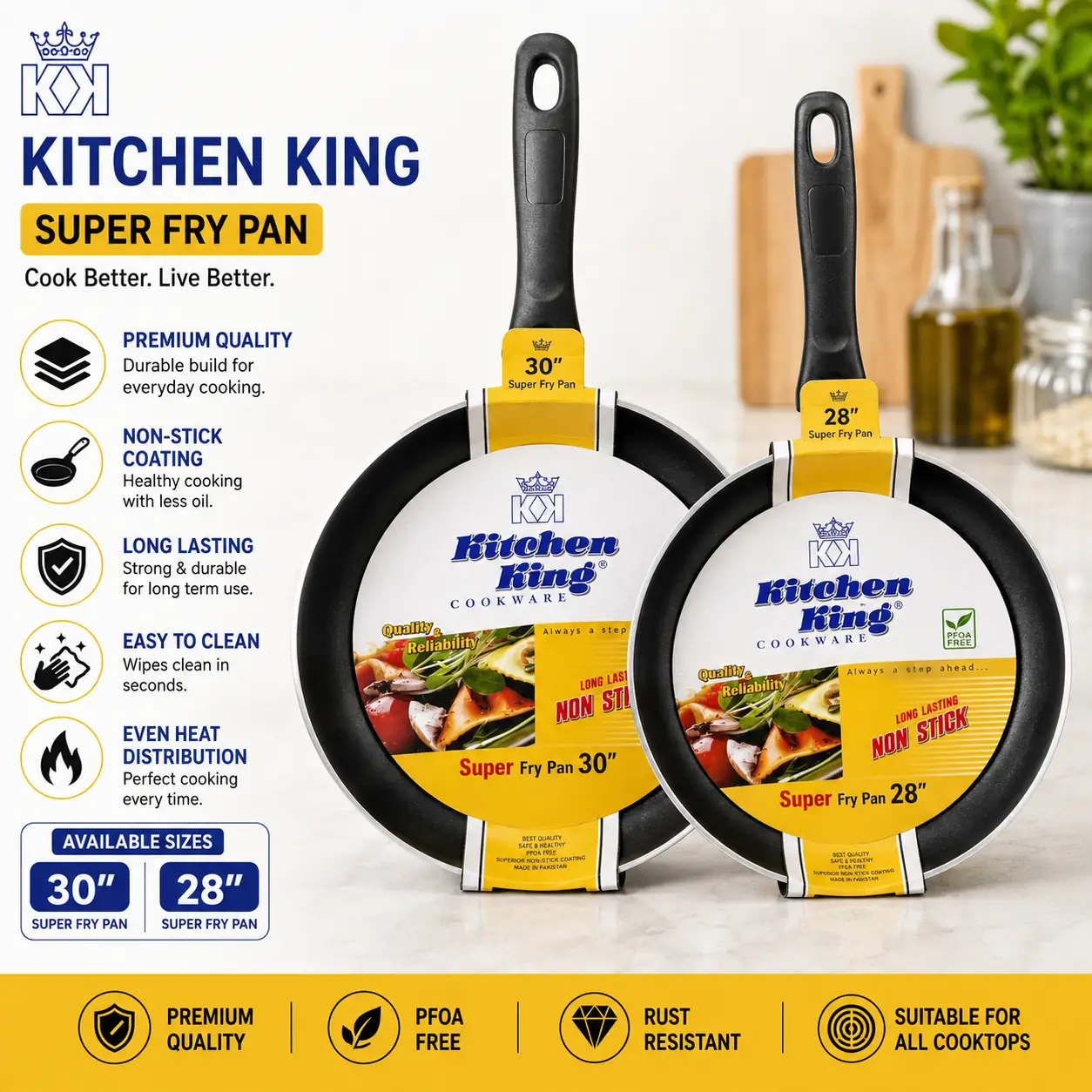 kitchen-king-super-fry-pan-non-stick-pakistan.jpg Kitchen King Super Fry Pan in 28cm and 30cm with black non stick coating and yellow brand sleeves on a kitchen counter