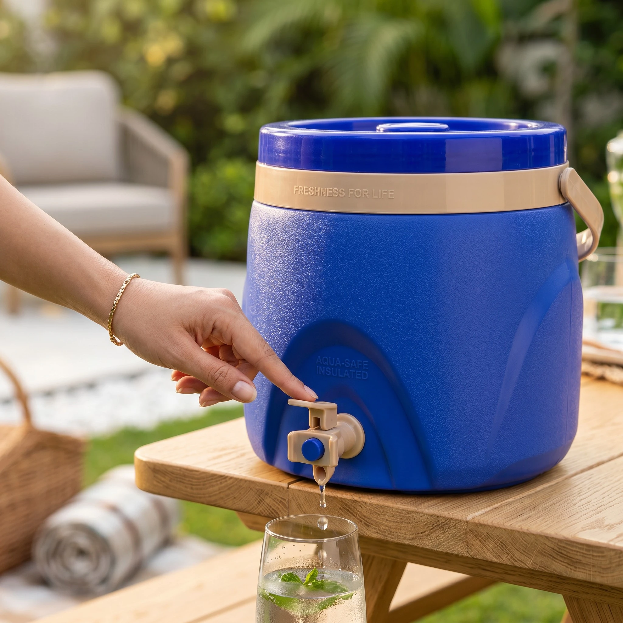 7-litre-alpha-water-cooler-with-tap-pakistan.jpg 7 Litre Alpha insulated water cooler with tap and carry handle for home and outdoor use in Pakistan