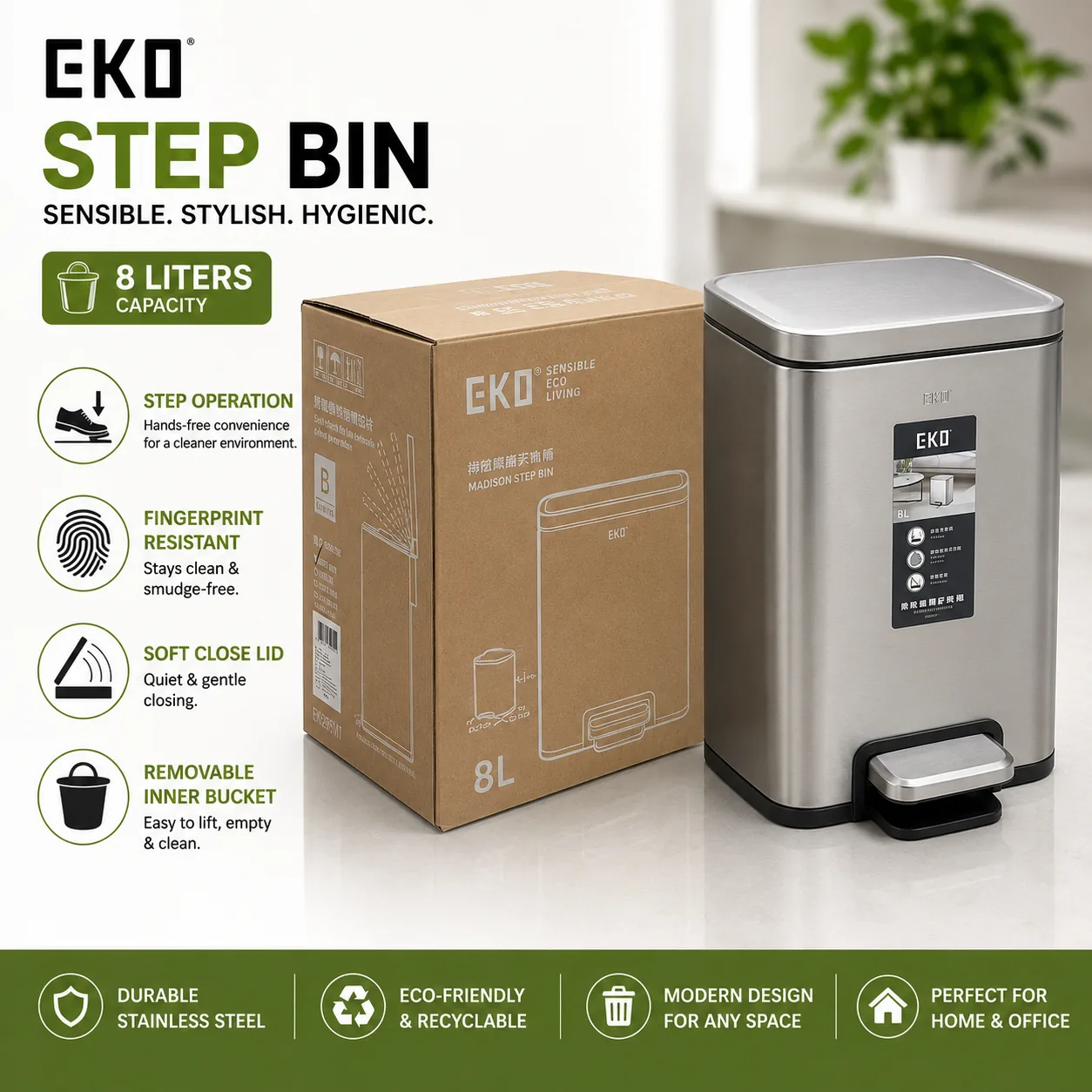 eko-madison-step-bin-8-litre-square-pakistan.jpg EKO Madison 8 litre square stainless steel step bin with a soft close lid, shown beside its original box