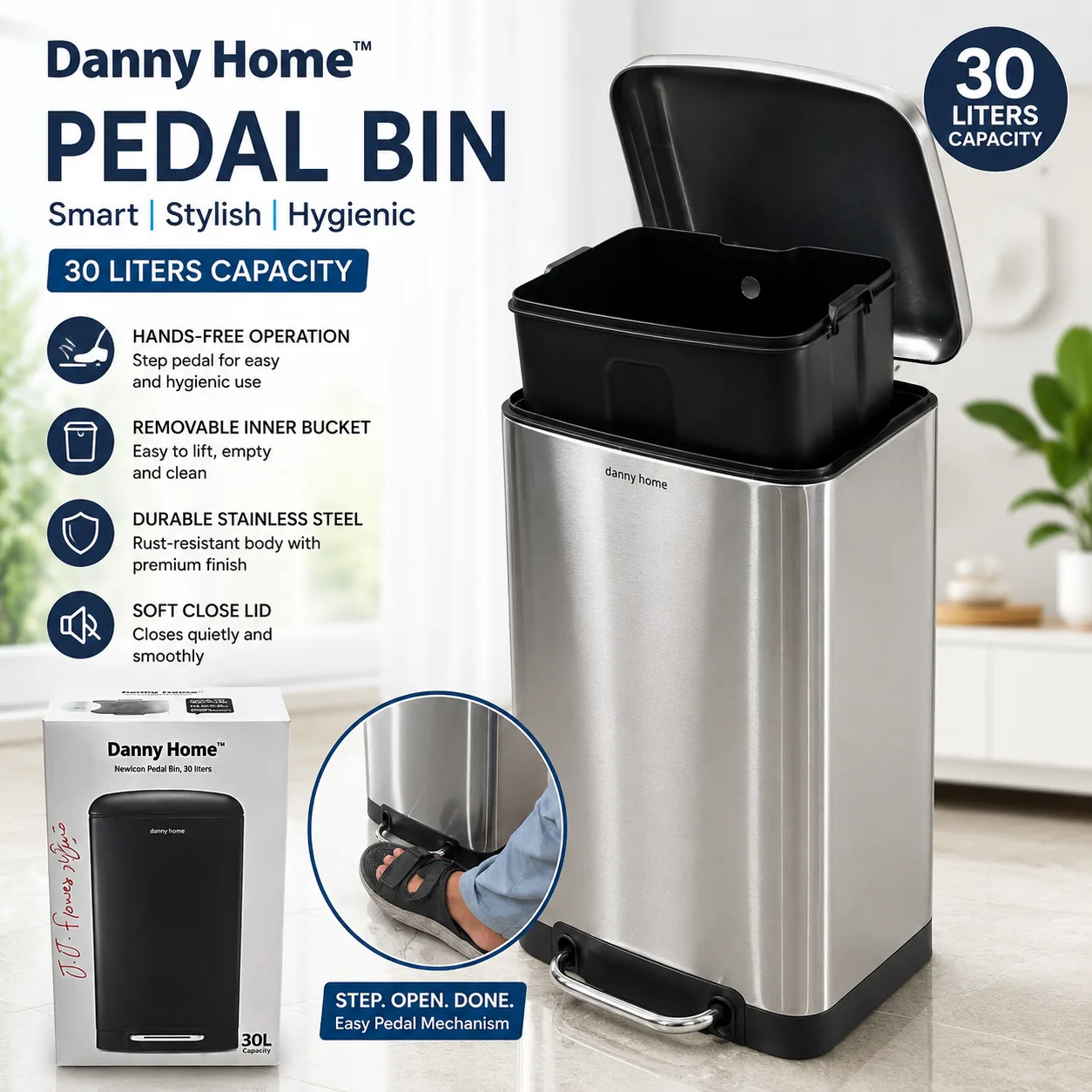 30-litre-stainless-steel-pedal-dustbin-pakistan.jpg Danny Home 30 litre brushed stainless steel pedal dustbin with the lid open and the black inner bucket lifted out