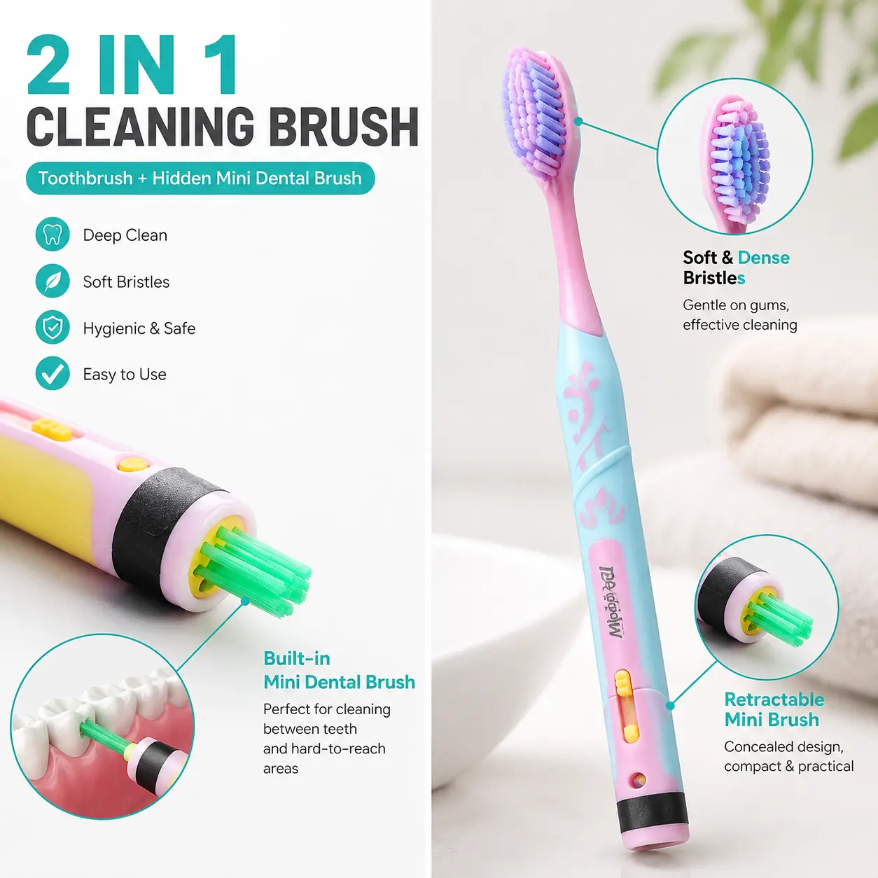 2-in-1-toothbrush-mini-dental-brush-pakistan.jpg Pink and blue 2 in 1 toothbrush with soft bristles and a retractable mini dental brush hidden inside the handle