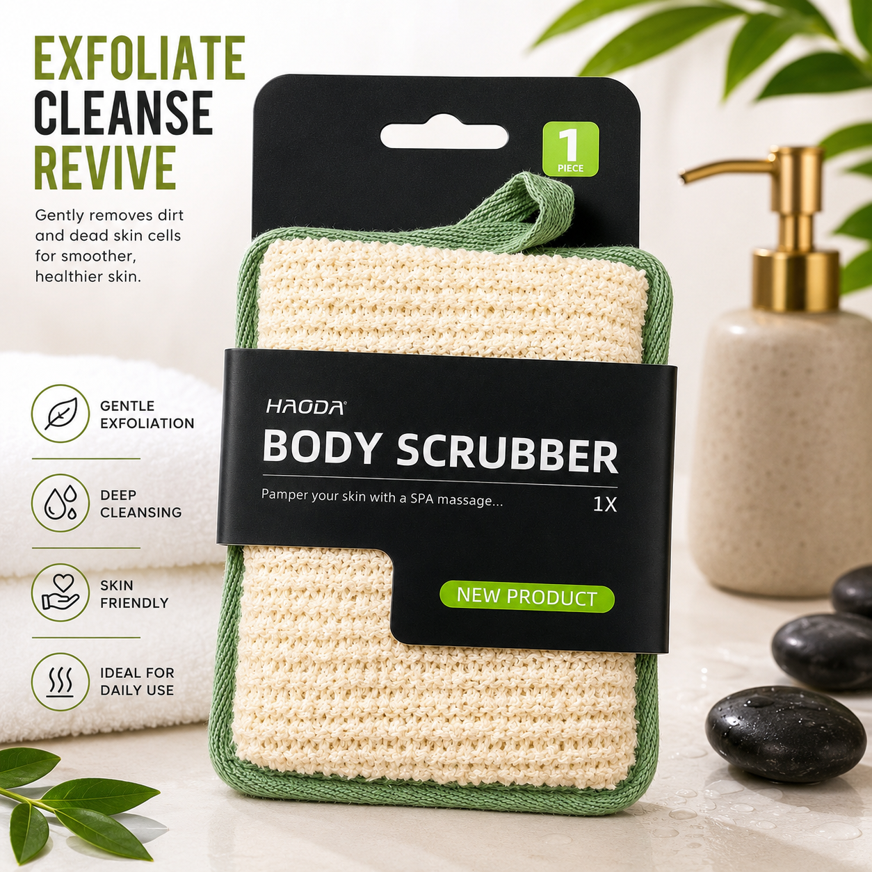 body-scrubber-exfoliating-pad-pakistan.jpg HAODA body scrubber exfoliating bath pad with green trim on a spa-style bathroom counter