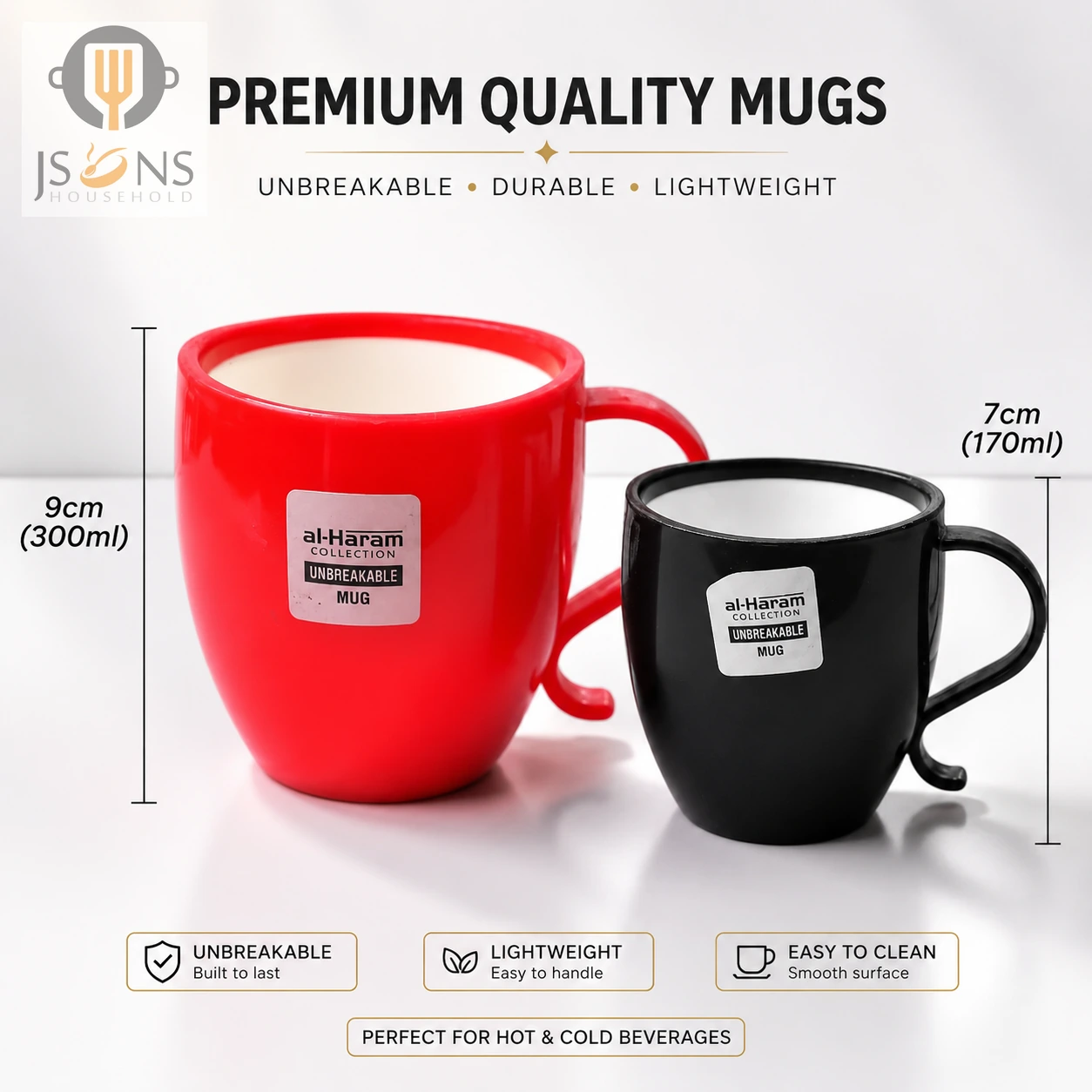 unbreakable-plastic-mugs-pack-of-6-pakistan.jpg Red 300ml and black 170ml unbreakable plastic mugs showing both available sizes