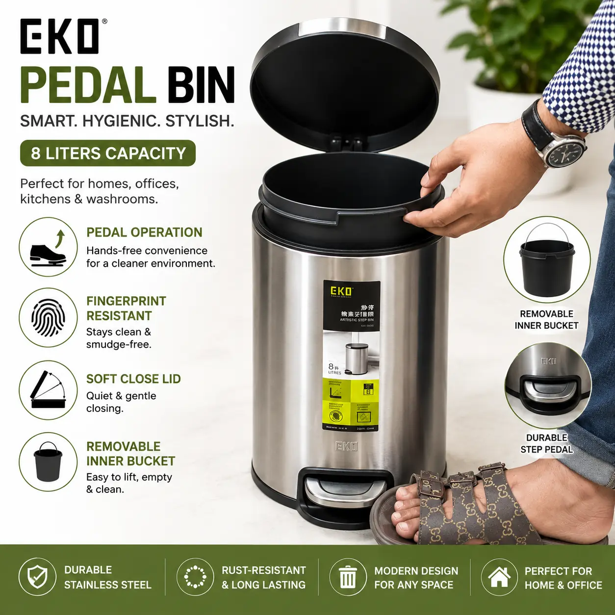 eko-pedal-bin-8-litre-stainless-steel-pakistan.jpg EKO 8 litre stainless steel pedal bin with a black soft close lid and foot pedal, standing on a kitchen counter
