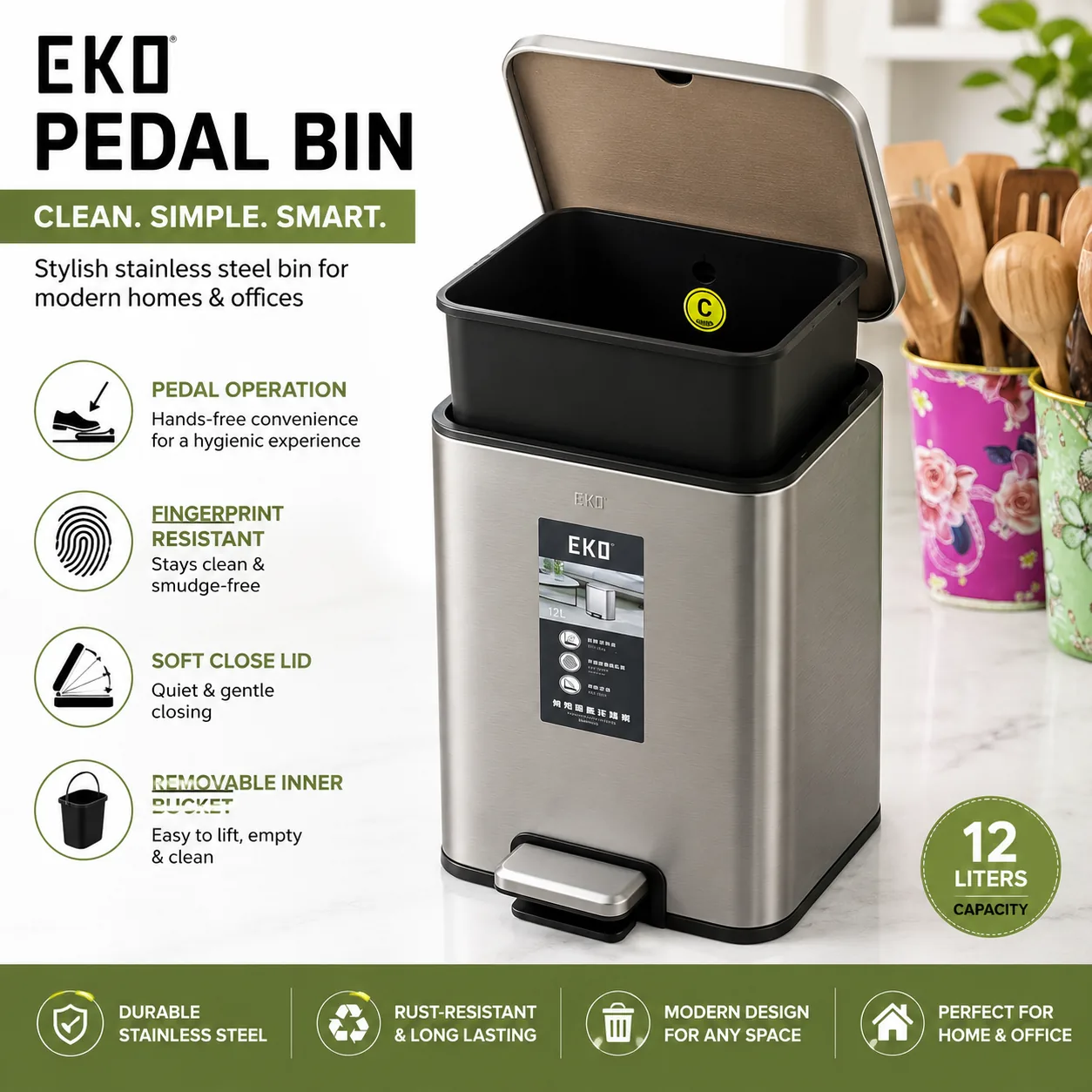 eko-12-litre-pedal-bin-stainless-steel-pakistan.jpg EKO 12 litre square stainless steel pedal bin with the lid open and the black inner bucket lifted out