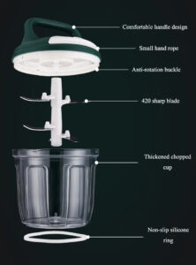 Manual hand chopper machine with green lid, transparent bowl and pull string for chopping meat and vegetables