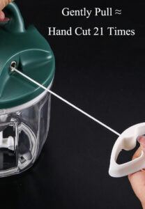 Manual hand chopper machine with green lid, transparent bowl and pull string for chopping meat and vegetables