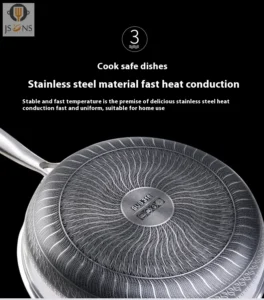 Honeycomb stainless steel frying pan with laser etched cooking surface and stainless steel handle.