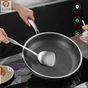 Honeycomb stainless steel frying pan with laser etched cooking surface and stainless steel handle.