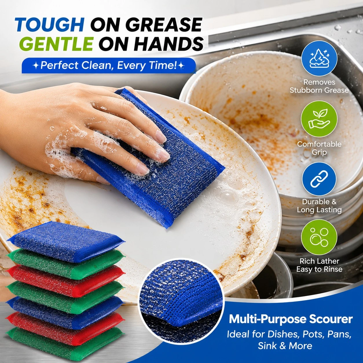 dish-washing-scrubber-pads-pakistan.jpg Dish washing scrubber pads in red and green cleaning a greasy frying pan, knife and kitchen sink
