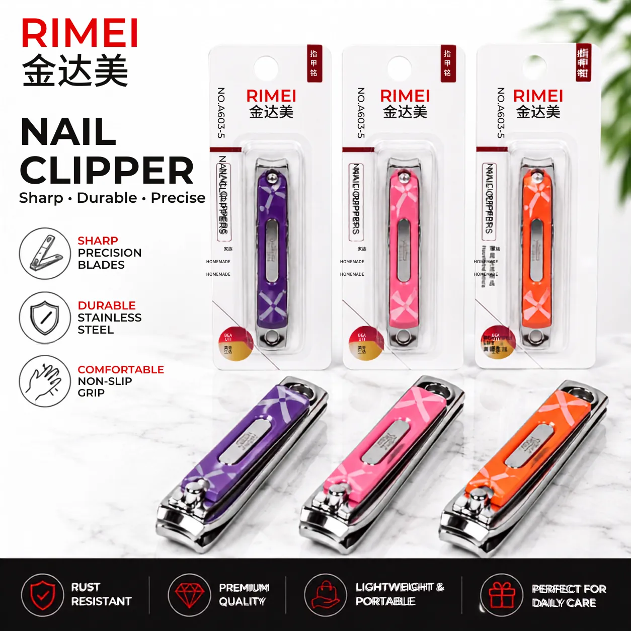 rimei-nail-cutter-for-women-colours-pakistan.jpg Rimei nail cutters for women in purple, pink and orange with printed handles, shown with their sealed blister packs