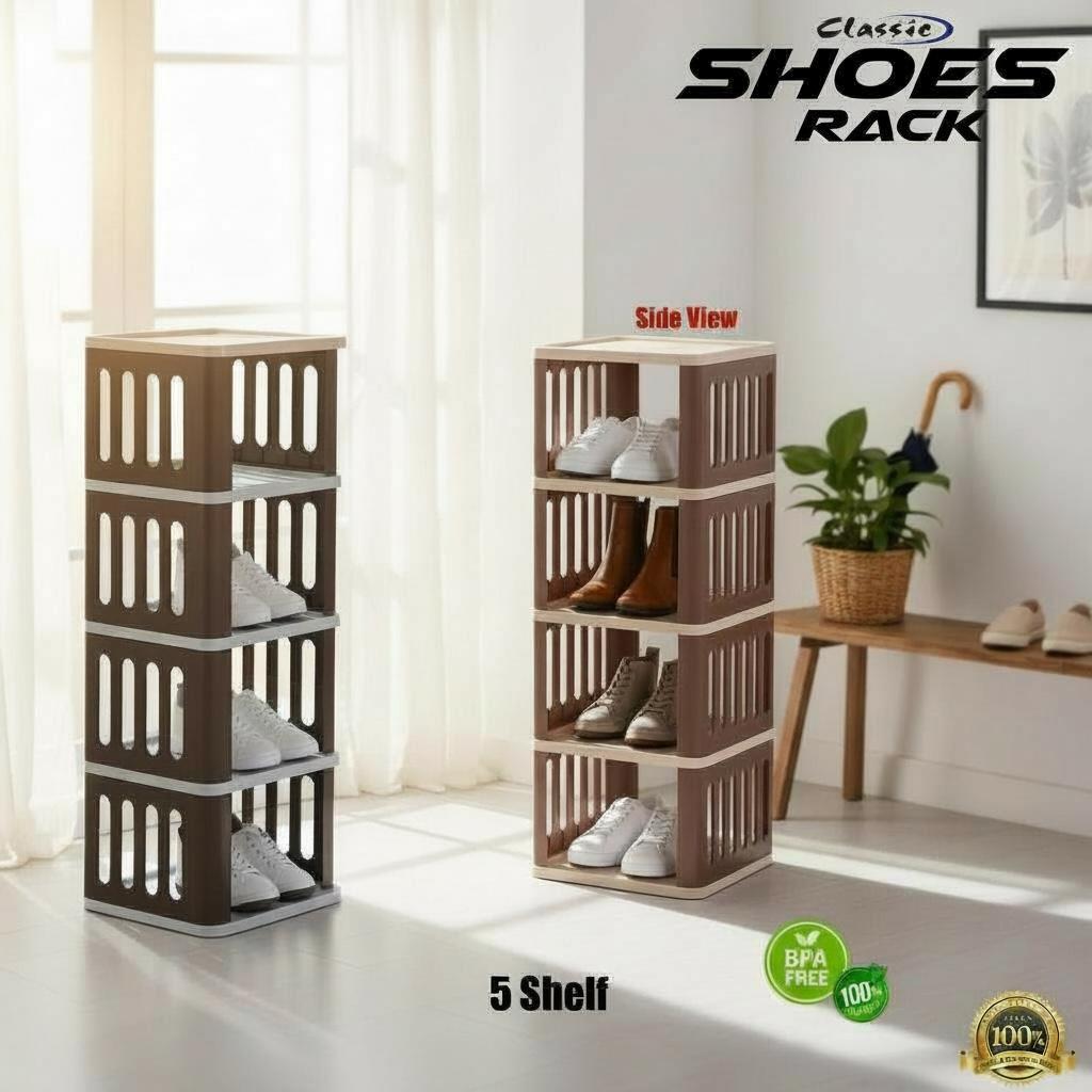 classic-5-shelf-plastic-shoe-rack-pakistan.jpg Classic 5 shelf plastic shoe rack in brown and beige, stackable shoes organizer stand holding sneakers and boots at a home entrance