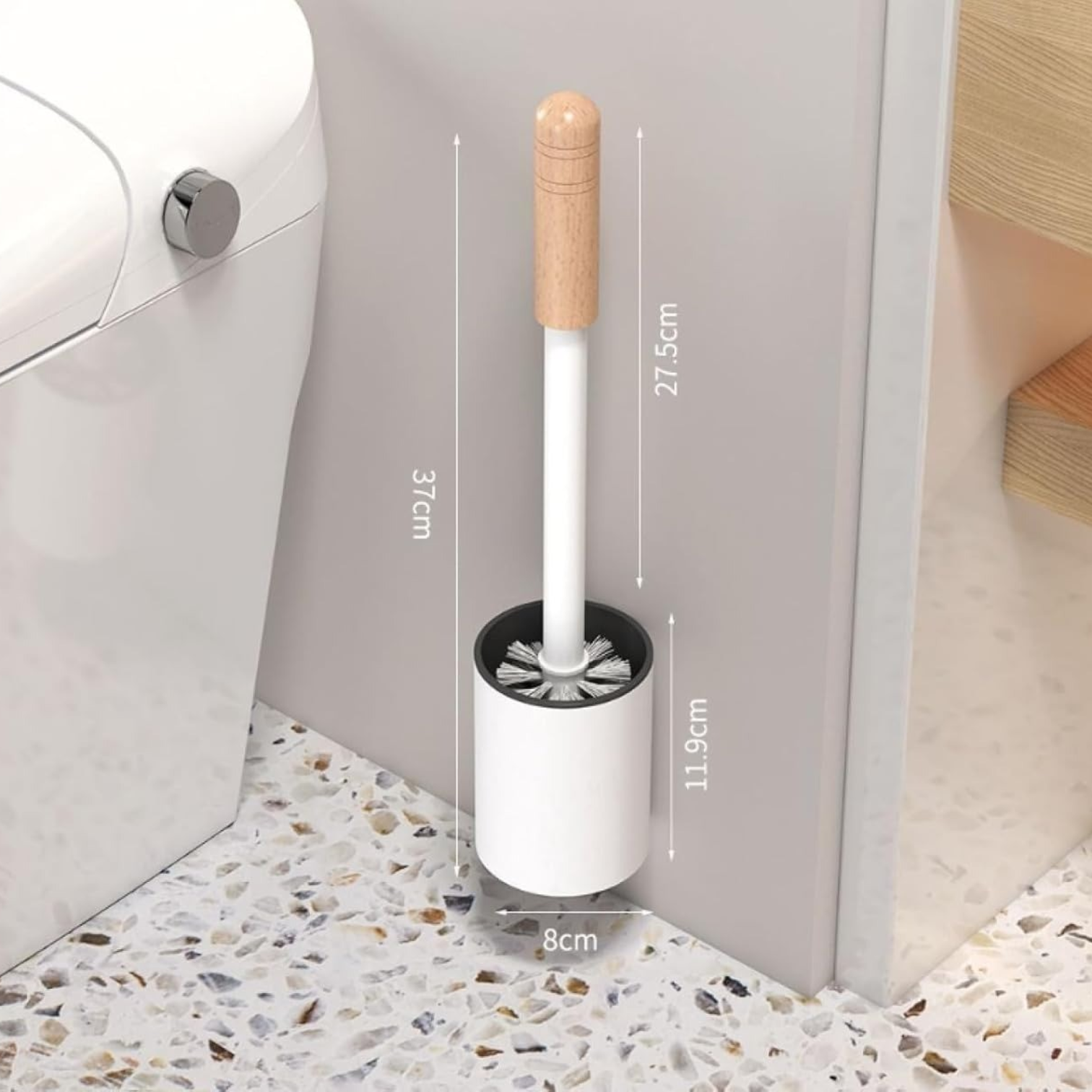 premium-plastic-toilet-brush-holder-wooden-handle-pakistan.jpg White premium plastic toilet brush with wooden handle and matching floor stand holder in modern bathroom setting