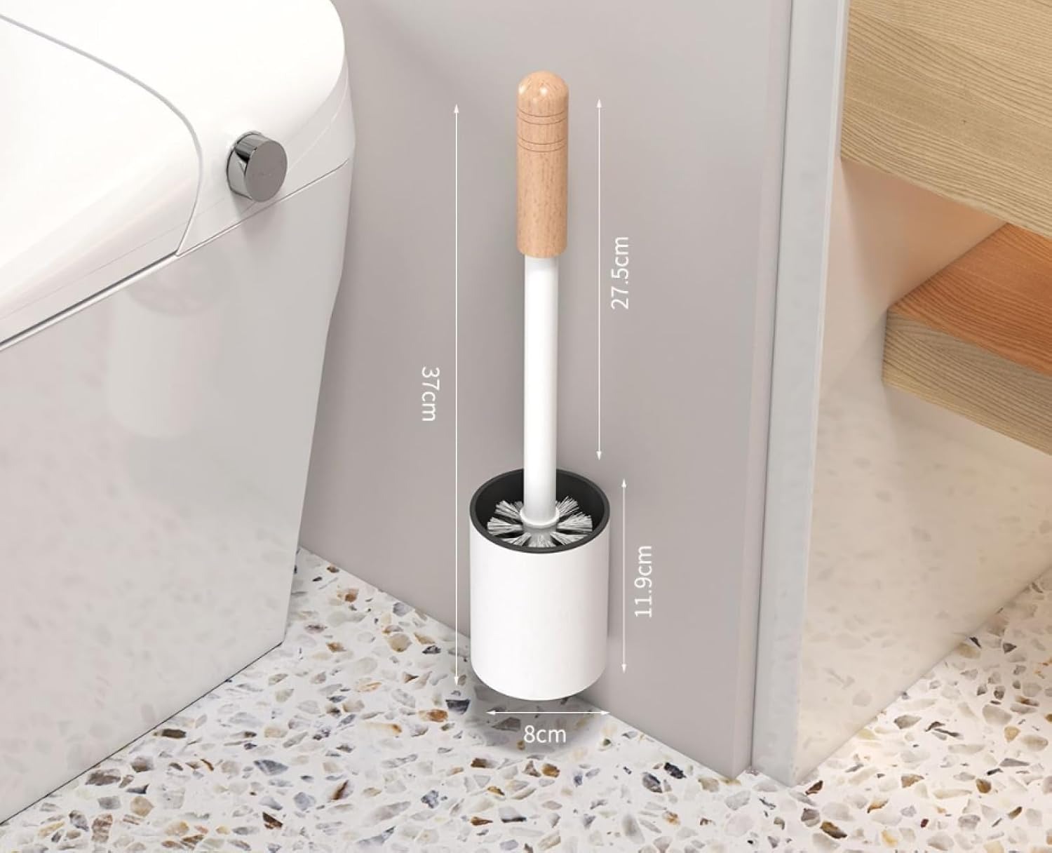 premium-plastic-toilet-brush-holder-wooden-handle-pakistan.jpg White premium plastic toilet brush with wooden handle and matching floor stand holder in modern bathroom setting
