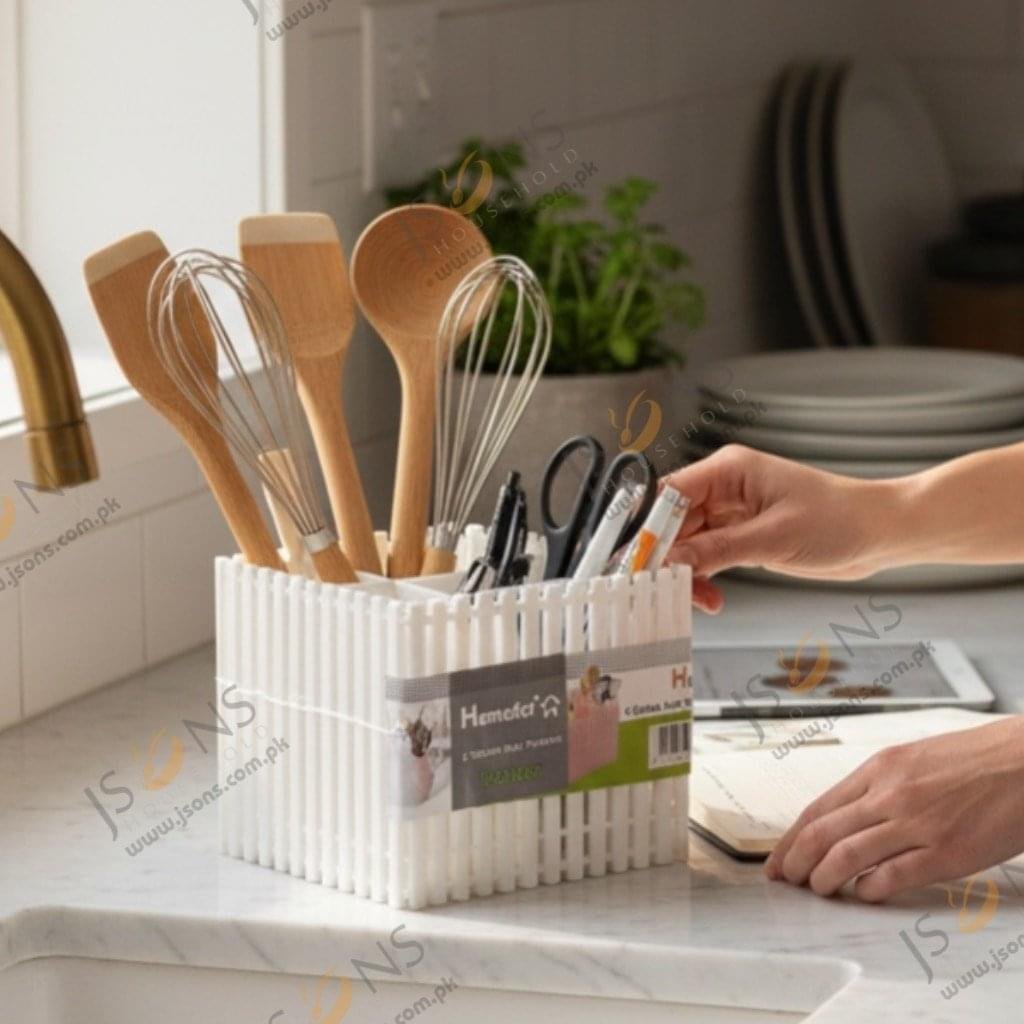 Plastic spoon holder and makeup brush organizer with 6 sections for kitchen and dressing table use