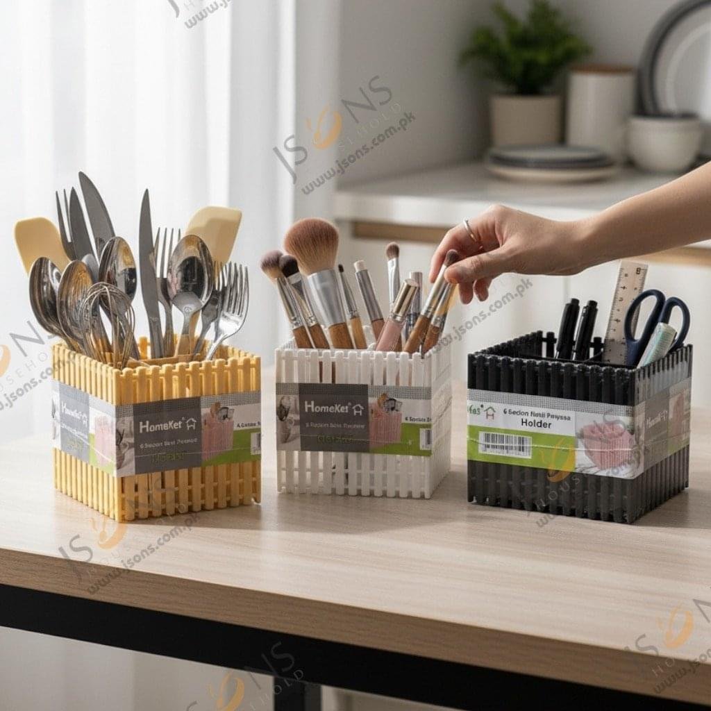 Plastic spoon holder and makeup brush organizer with 6 sections for kitchen and dressing table use